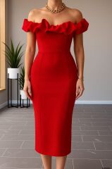 Kadın Madonna Yaka Küpür Detaylı Scuba Elbise