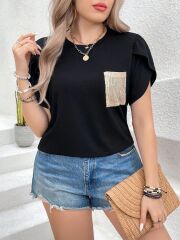 Kadın Kısa Kollu Bisiklet Yaka Cep Pul Payet Detay Viskon Bluz