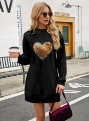 Kadın Uzun Kollu Bisiklet Yaka Kalp Desenli Viskon Iki Iplik Bluz