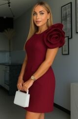 Kadın Kısa Gül Detaylı Kollu Bisiklet Yaka Cepli Mini Atlas Elbise