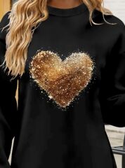 Kadın Uzun Kollu Bisiklet Yaka Kalp Desenli Viskon Iki Iplik Bluz