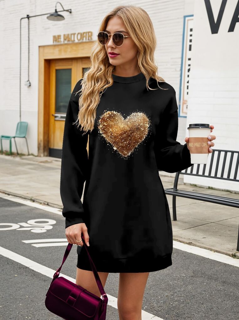 Kadın Uzun Kollu Bisiklet Yaka Kalp Desenli Viskon Iki Iplik Bluz