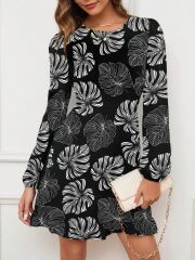 Kadın Uzun Kollu Bisiklet Yaka Desenli Kısa Krep Elbise