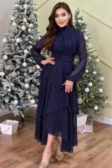 Lacivert Bel Detaylı Elbise