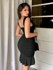 Kadın Askılı Derin V Dekolteli Fırfırlı Janjan Krep Elbise