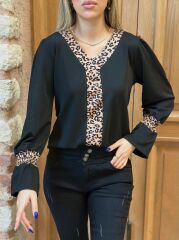 Kadın Uzun Kollu V Yakalı Leopar Detaylı Krep Bluz