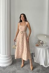 Bej Kuplu Uzun Elbise