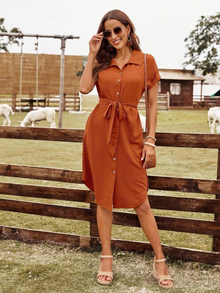 Kadın Kısa Kollu Yakalı önden Düğmeli Beli Kuşaklı Bürümcük Elbise