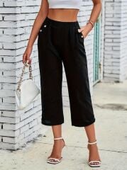 Kadın Beli Lastikli Düğme Ve Cep Detaylı Kapri Ithal Keten Pantolon