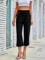 Kadın Beli Lastikli Düğme Ve Cep Detaylı Kapri Ithal Keten Pantolon