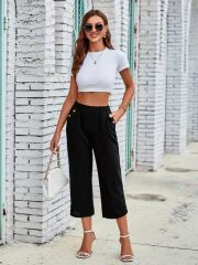Kadın Beli Lastikli Düğme Ve Cep Detaylı Kapri Ithal Keten Pantolon