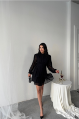 ŞİFON KATLI UZUN KOL ELBİSE - Siyah