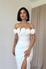 Beyaz Madonna Yaka Güllü Elbise