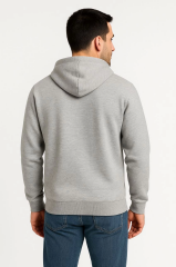 Erkek Üç İplik Kapüşonlu Tam Fermuarlı Kanguru Çepli SweatShirt Hoodie - Gri