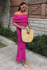 Eteği Gül Detay Madonna Yaka Elbise 2863