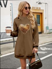 Kadın Uzun Kollu Bisiklet Yaka Kalp Desenli Viskon Iki Iplik Bluz