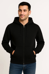 Erkek Üç İplik Kapüşonlu Tam Fermuarlı Kanguru Çepli SweatShirt Hoodie - Siyah