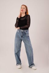 Transparan Siyah Tül Basic Bluz