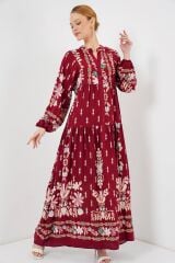 2423 Otantik Desenli Tesettür Elbise - H. Bordo