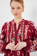 2423 Otantik Desenli Tesettür Elbise - H. Bordo