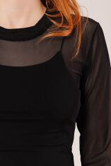 Transparan Siyah Tül Basic Bluz
