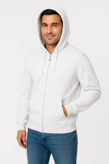 Erkek Üç İplik Kapüşonlu Tam Fermuarlı Kanguru Çepli SweatShirt Hoodie - Beyaz