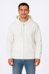 Erkek Üç İplik Kapüşonlu Tam Fermuarlı Kanguru Çepli SweatShirt Hoodie - Beyaz