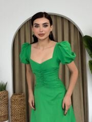 Kare Yaka Düğmeli Elbise