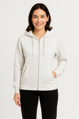 Üç İplik Kapüşonlu Tam Fermuarlı Kanguru Çepli SweatShirt Hoodie - Beyaz