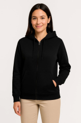 Üç İplik Kapüşonlu Tam Fermuarlı Kanguru Çepli SweatShirt Hoodie - Siyah