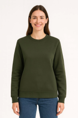 Üç İplik Düz Bisiklet Yaka SweatShirt - Haki
