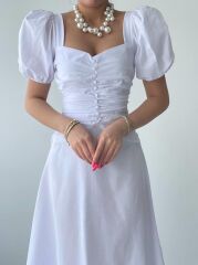 Kare Yaka Düğmeli Elbise