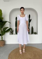 Kare Yaka Düğmeli Elbise