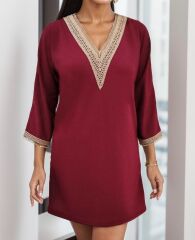 Kadın Uzun Kollu Yaka Ve Kol Manşet Güpürlü Detay Krep Mini Boy Elbise