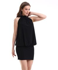 Kadın Yüksek Yaka Büzgü Detaylı Şifon Garnili Sandy Kumaş Fırsat Ürün Diz Üstü Elbise