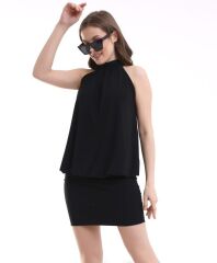 Kadın Yüksek Yaka Büzgü Detaylı Şifon Garnili Sandy Kumaş Fırsat Ürün Diz Üstü Elbise