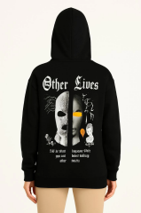 Üç İplik Kapşonlu ön Ve Arka Baskılı SweatShirt Hoodie- Siyah