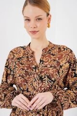 2423 Otantik Desenli Tesettür Elbise - Camel