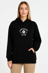 Üç İplik Kapşonlu ön Ve Arka Baskılı SweatShirt Hoodie- Siyah