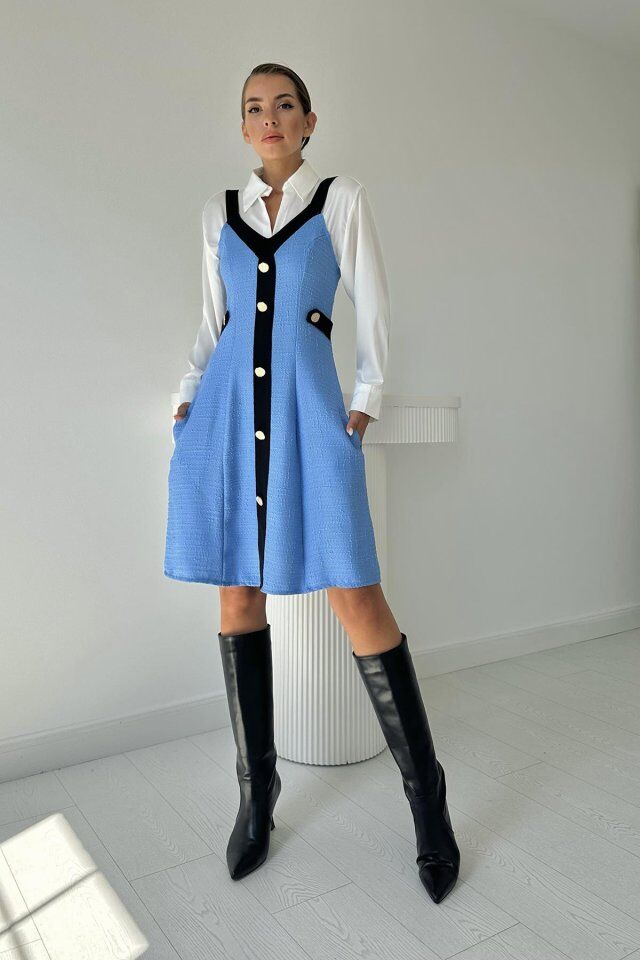 Mavi Siyah Süs Cepli Askılı Elbise