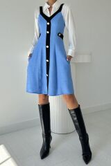 Mavi Siyah Süs Cepli Askılı Elbise