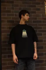 Unisex Bisiklet Yaka Baskılı Oversize T-Shirt - Siyah