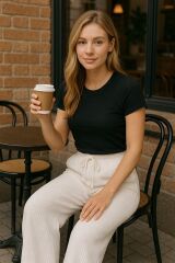 Kadın Beli Lastikli Pol Paça Pantolon