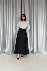 Siyah Yanları Büzgülü Uzun Etek