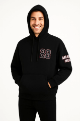 Üç İplik Kapüşonlu Ön Ve Arka Baskılı SweatShirt Hoodie - Siyah