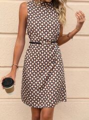 Kadın Balıkçı Yaka Kolsuz Desenli Dalgıç Elbise