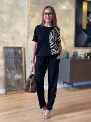 Kadın Bisiklet Yaka Kısa Kol Leopar Desen Bluz Ve Pantolon Ikili Takım