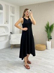 Kadın Askılı Yuvarlak Yakalı Asimetrik Kesim Detaylı Viskon Elbise