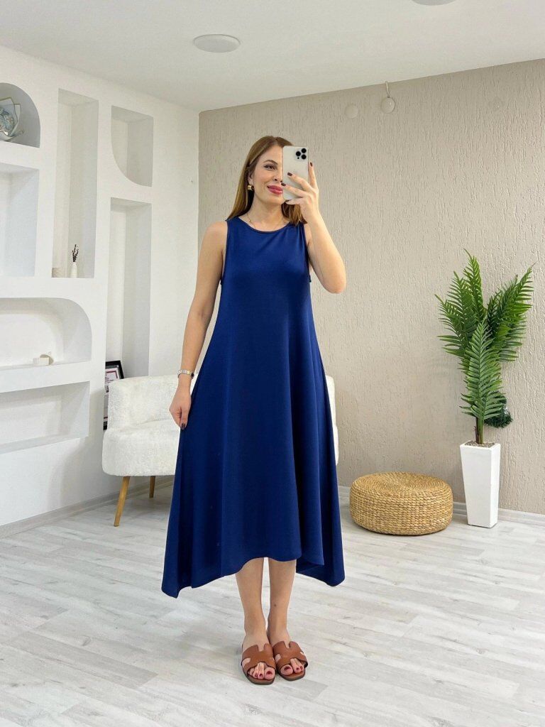 Kadın Askılı Yuvarlak Yakalı Asimetrik Kesim Detaylı Viskon Elbise