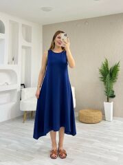 Kadın Askılı Yuvarlak Yakalı Asimetrik Kesim Detaylı Viskon Elbise